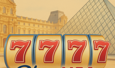 Promotional graphic for PlayUSA showing a golden slot machine reel with red sevens in front of the Louvre Museum and its glass pyramid. The PlayUSA logo appears prominently at the bottom, blending American-themed design with the Parisian backdrop.