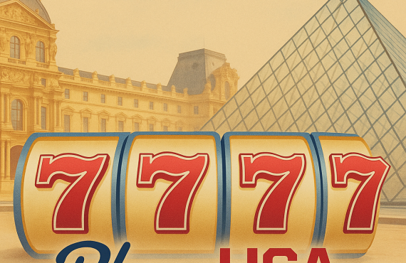 Promotional graphic for PlayUSA showing a golden slot machine reel with red sevens in front of the Louvre Museum and its glass pyramid. The PlayUSA logo appears prominently at the bottom, blending American-themed design with the Parisian backdrop.
