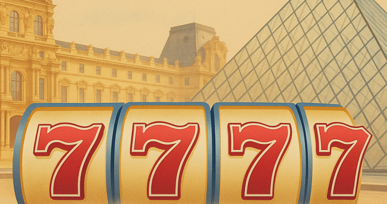 Promotional graphic for PlayUSA showing a golden slot machine reel with red sevens in front of the Louvre Museum and its glass pyramid. The PlayUSA logo appears prominently at the bottom, blending American-themed design with the Parisian backdrop.