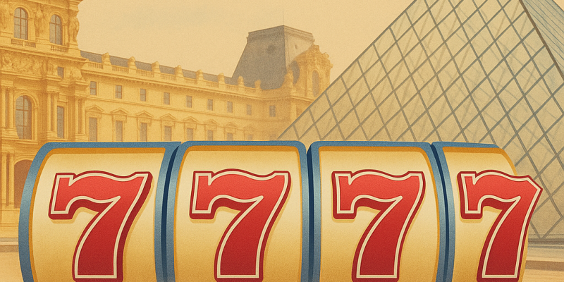 Promotional graphic for PlayUSA showing a golden slot machine reel with red sevens in front of the Louvre Museum and its glass pyramid. The PlayUSA logo appears prominently at the bottom, blending American-themed design with the Parisian backdrop.