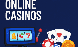Promotional graphic for Missouri online casinos featuring the PlayUSA logo, bold white text reading 'Missouri Online Casinos' on a dark blue background, and colorful illustrations of a computer screen with a slot machine, playing cards, poker chips, and a gold coin representing virtual casino gameplay.