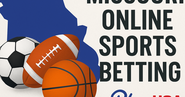 Promotional graphic for Missouri online sports betting featuring a blue outline of the state of Missouri, a soccer ball, football, and basketball in the foreground, bold text reading 'Missouri Online Sports Betting' on the right, and the PlayUSA logo underneath