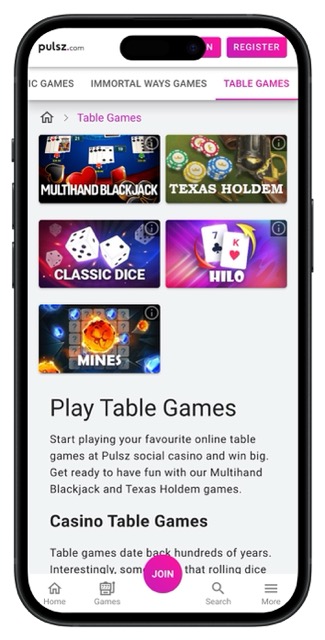 Pulsz Casino app table games