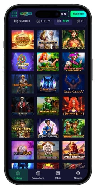 SweepNext Casino app games page