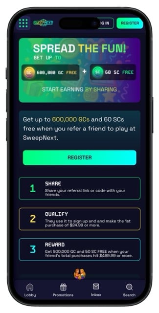 SweepNext Casino app sign-up page