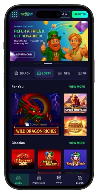 SweepNext Casino mobile app homepage