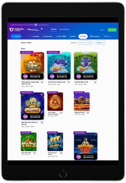 FanDuel Casino games page on iPad