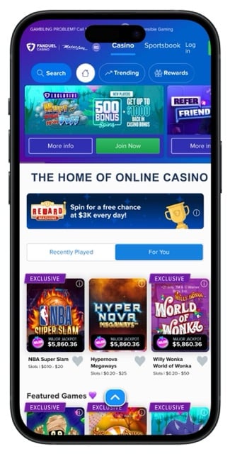 FanDuel Casino mobile app homepage