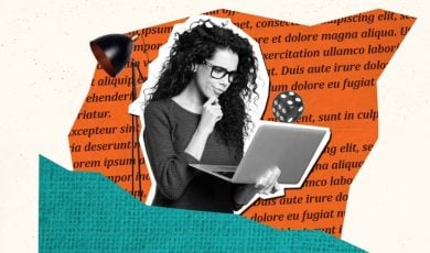 Collage Image of Woman With Pensive Look Holds Laptop