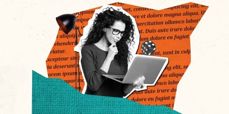 Collage Image of Woman With Pensive Look Holds Laptop
