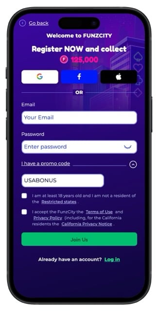 FunzCity sign-up page