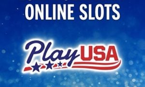 Promotional image for PlayUSA featuring the text 'LOW VOLATILITY ONLINE SLOTS' in bold white letters against a blue gradient background with sparkling light effects. Below the text is the PlayUSA logo, which includes red and blue stylized lettering with stars and stripes.