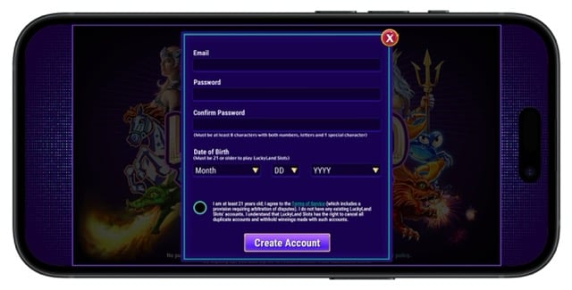 LuckyLand Slots sign-up page