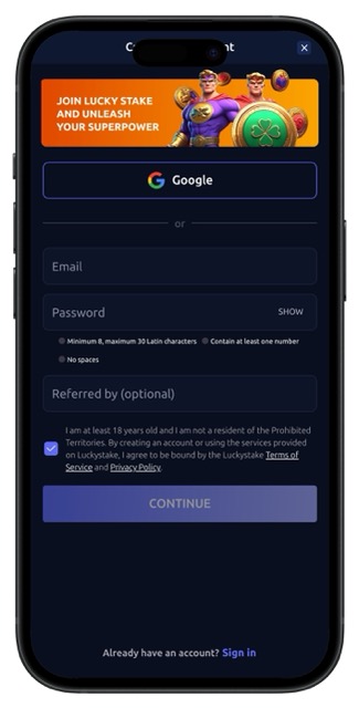 LuckyStake Casino sign-up page