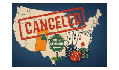 Map of US States With Red 'Cancelled' Overlay