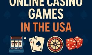 Graphic featuring the text 'Online Casino Games in the USA' with icons of a slot machine, blackjack cards, roulette wheel, and dice on a dark blue background with spade and club patterns. Includes 'Learn How to Play' at the bottom."