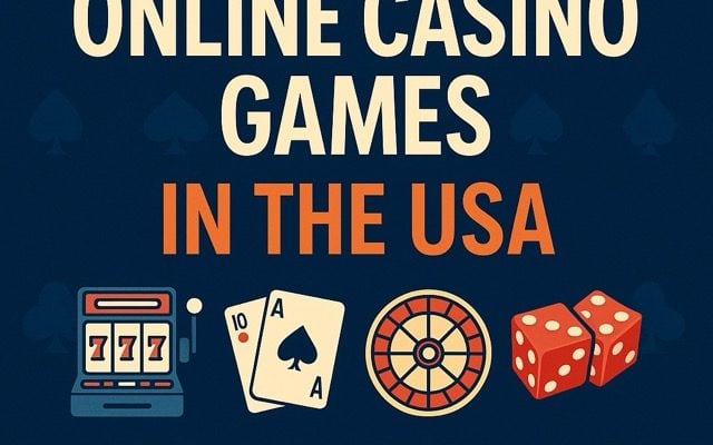 Graphic featuring the text 'Online Casino Games in the USA' with icons of a slot machine, blackjack cards, roulette wheel, and dice on a dark blue background with spade and club patterns. Includes 'Learn How to Play' at the bottom."