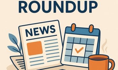 Flat-style digital illustration with the headline 'Weekly Roundup' in bold navy blue text. Below it, a stylized newspaper labeled 'NEWS,' a flip calendar with a checkmark, an orange coffee mug with steam, a pen, and decorative leaves sit on a light beige background.