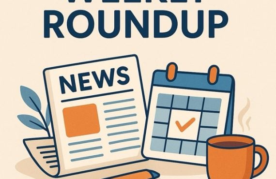 Flat-style digital illustration with the headline 'Weekly Roundup' in bold navy blue text. Below it, a stylized newspaper labeled 'NEWS,' a flip calendar with a checkmark, an orange coffee mug with steam, a pen, and decorative leaves sit on a light beige background.