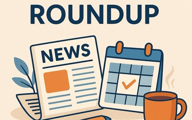 Flat-style digital illustration with the headline 'Weekly Roundup' in bold navy blue text. Below it, a stylized newspaper labeled 'NEWS,' a flip calendar with a checkmark, an orange coffee mug with steam, a pen, and decorative leaves sit on a light beige background.
