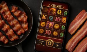 Cell Phone With Online Slot Game Center & Bacon In Skillet and Three Bacon Strips Surrounding