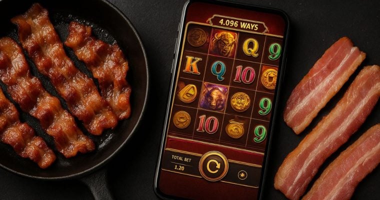 Cell Phone With Online Slot Game Center & Bacon In Skillet and Three Bacon Strips Surrounding