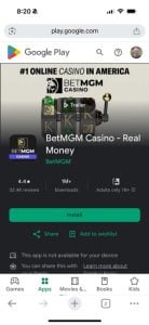 The BetMGM online casino Android app in the Google Play store