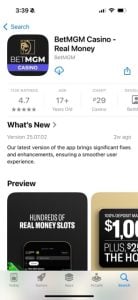 Screenshot of the BetMGM Casino iOS app in the App store