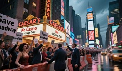 Broadway Protestors In Times Square Against Caesars NY Casino