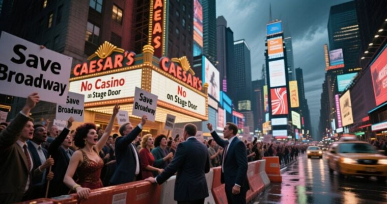 Broadway Protestors In Times Square Against Caesars NY Casino