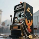 Protestors outside Capital buildings surround a broken Sweeps Casino machine.