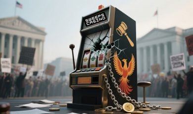 Protestors outside Capital buildings surround a broken Sweeps Casino machine.