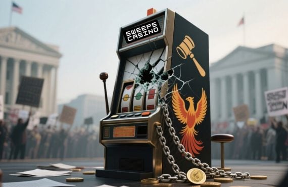 Protestors outside Capital buildings surround a broken Sweeps Casino machine.