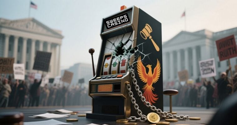 Protestors outside Capital buildings surround a broken Sweeps Casino machine.