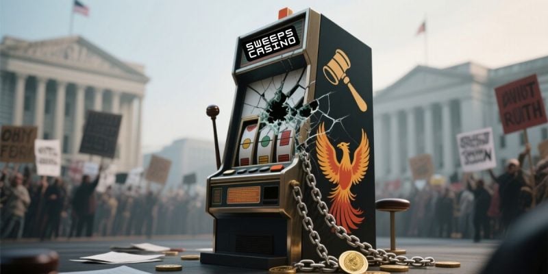 Protestors outside Capital buildings surround a broken Sweeps Casino machine.