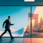 Winter Background represents Canada & Sunny Background represents America with Business Man Walking Across