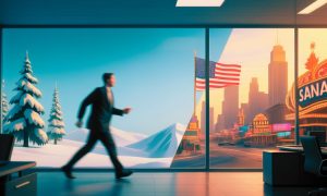 Winter Background represents Canada & Sunny Background represents America with Business Man Walking Across