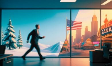 Winter Background represents Canada & Sunny Background represents America with Business Man Walking Across