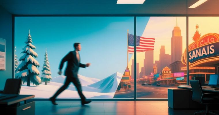 Winter Background represents Canada & Sunny Background represents America with Business Man Walking Across