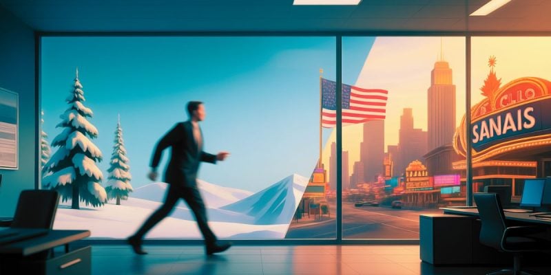 Winter Background represents Canada & Sunny Background represents America with Business Man Walking Across