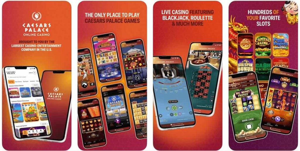 Four different phone views of Caesars Palace Online Casino