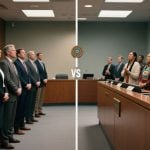 Courtroom with CA Tribes & VGW Brand on Right and Lawmakers in Suits stand on the left side
