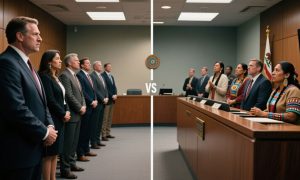Courtroom with CA Tribes & VGW Brand on Right and Lawmakers in Suits stand on the left side