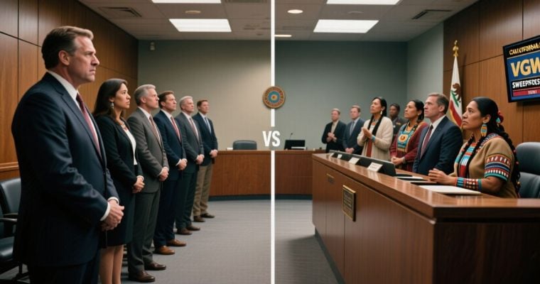 Courtroom with CA Tribes & VGW Brand on Right and Lawmakers in Suits stand on the left side