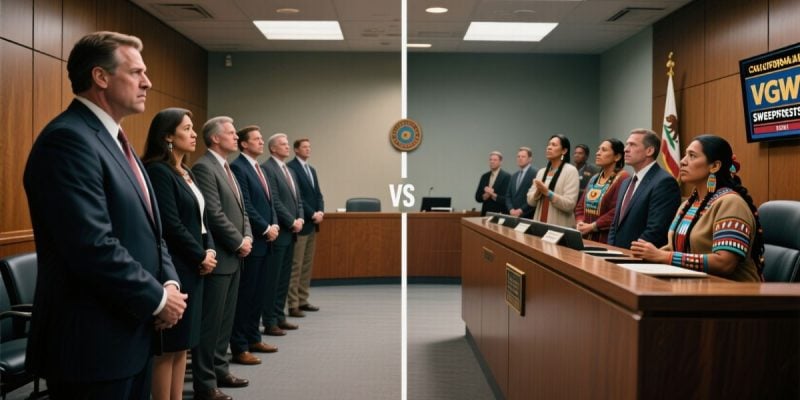 Courtroom with CA Tribes & VGW Brand on Right and Lawmakers in Suits stand on the left side