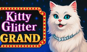 Cartoon Illustration of White Cat With Diamond Necklace & Kitty Glitter Grand Sign