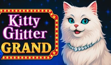 Cartoon Illustration of White Cat With Diamond Necklace & Kitty Glitter Grand Sign