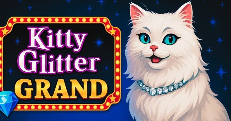 Cartoon Illustration of White Cat With Diamond Necklace & Kitty Glitter Grand Sign
