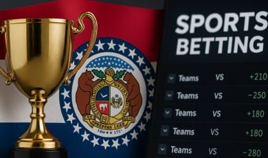 ChatGPT Generated Image Missouri Flag With Golden Award & Mobile Phone Says Sports Betting