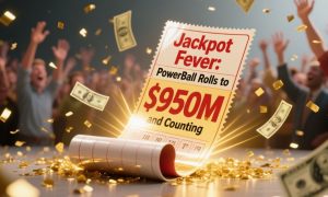 Lottery Ticket Reads: "Jackpot Fever: Powerball Rolls to $950M and Counting"